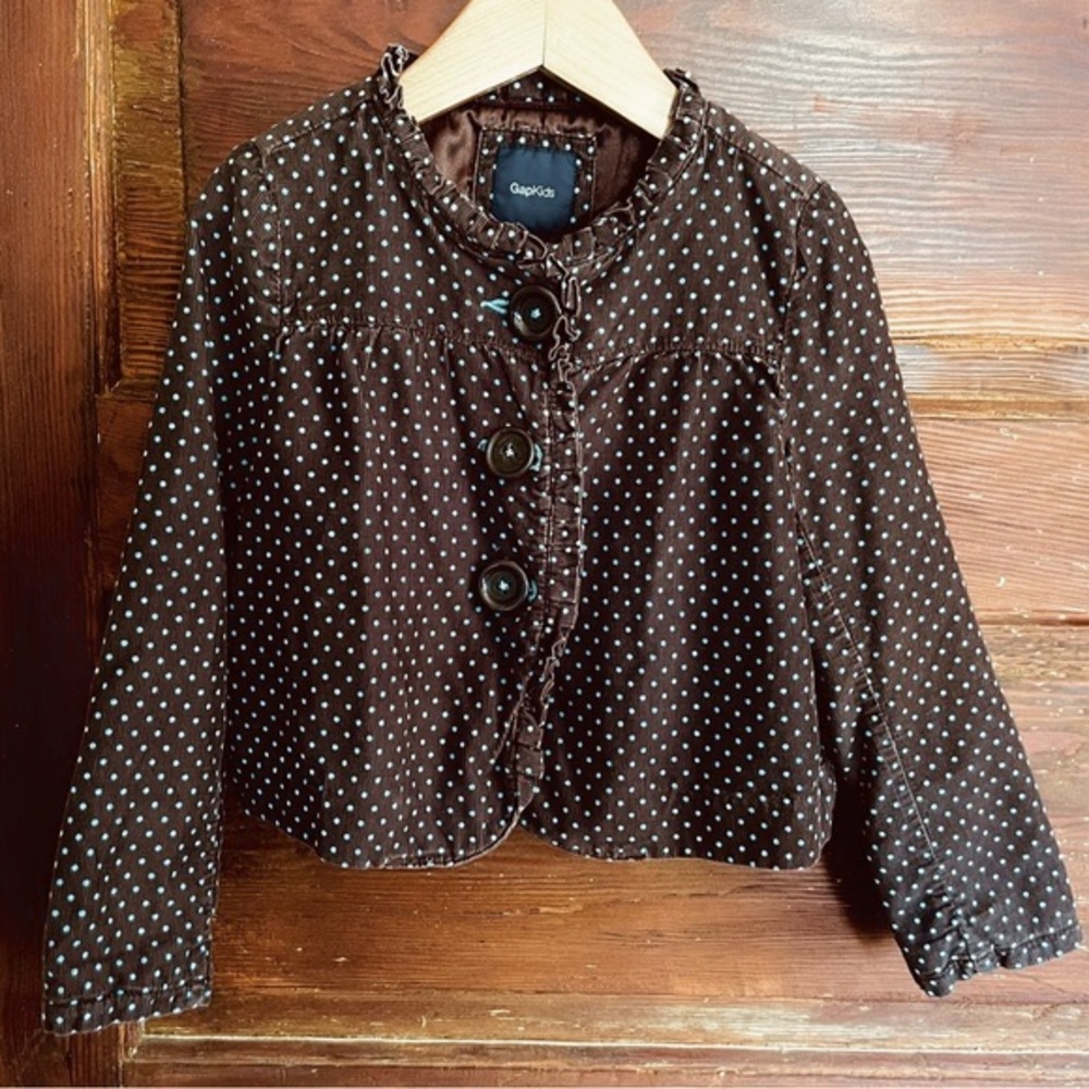 Gap Corduroy Jacket, Ruffle Trim, Brown & Blue Polka Dots, Satin-Lined